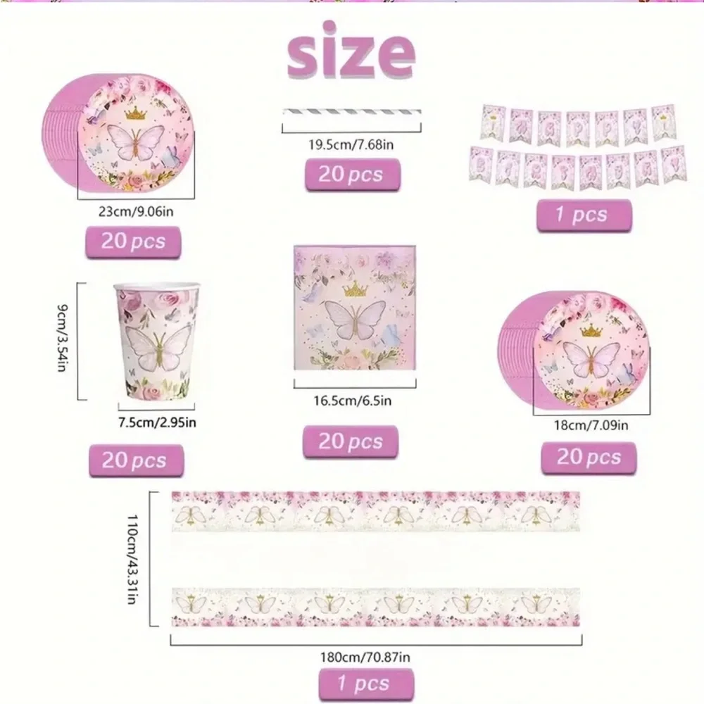 Pink Sparkle Butterfly Themed Birthday Party Tableware + Banner, Set of 102 pcs